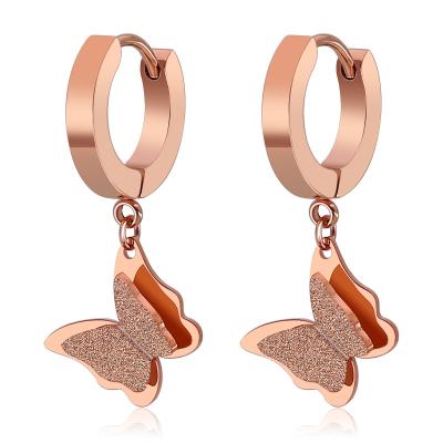 China Cute butterfly earrings pendants frosting earrings rose gold jewelry ring stainless steel earrings women snap circle personalized for sale