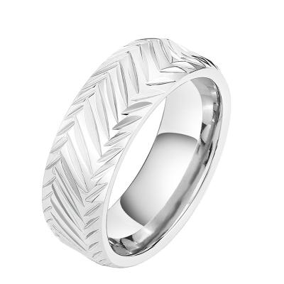 China TRENDY Titanium Steel Striped Ring Men's Diamond Cut Out Leaf Ring Fashion Bossy Jewelry for sale