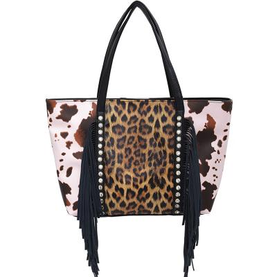 China Vintage New Arrival Designer Tote Bags With Custom Printed Logo Fringe Shoulder Bag Leopard Cow Print Bag With Rhinestone for sale