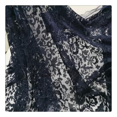 China Viable Navy Dress 3d Flower Laser Cut Embroidery Lace Tulle Mesh Embroidered Sequins Fabric for sale