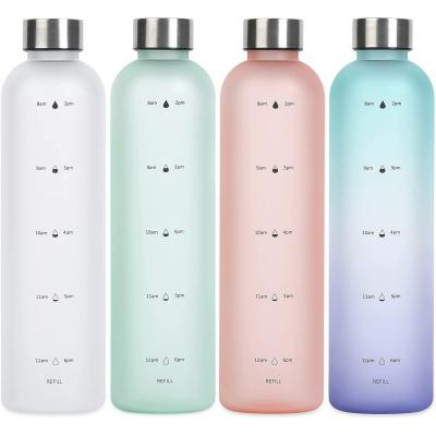 China Viable multiple color 1000ml fitness sports glass water bottle large capacity date/time group bottle with lid for sale