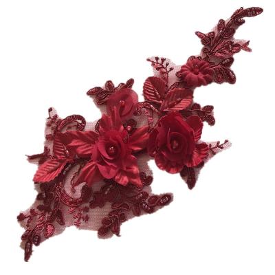 China Luxury High End Craft 3D Beaded Flower Embroidery Lace Neckline Sewing Applique Trims 3D Venice Patches for sale