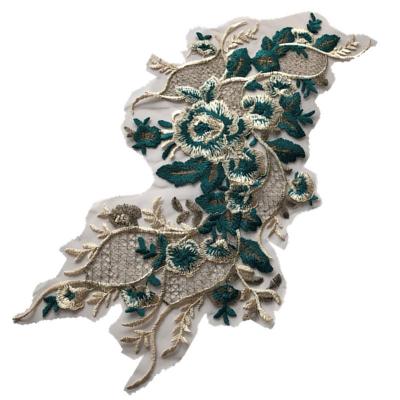 China Green Embroidered 3D Fabric Stickers Gold Thread Dress Dance Skirt DIY Decorative Patch Accessories for sale