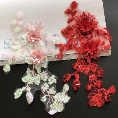 China 28.5CM 3D Sequin Flower Embroidered Fabric Stickers Mesh Clothing Ornaments Handmade DIY Accessories for sale