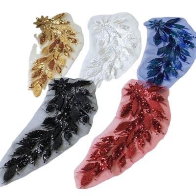 China 3D 32CM Gold Sequin Leaves Embroidered Fabric Patch Embroidery Tulle Lace Applique for sale