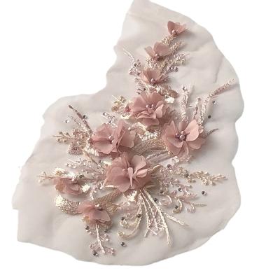 China 3D 29CM New Chiffon 3D Flower Beaded Embroidered Lace Patch Sew On DIY Dress Accessory for sale