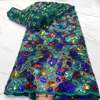 China multicolor sequined embroidered 3D mesh fabric for wedding dress embroidery bead lace fabric for sale