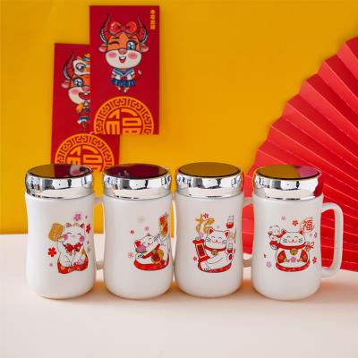 China Viable Porcelain Gift Marble Coffee Mug With Mirror Lid And Handle Cover 380ml Porcelain Mugs for sale