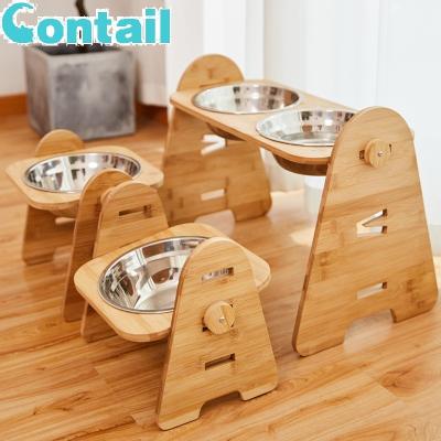 China Sustainable Pet Feeder Raised Height Adjustable Bamboo Wood Raised Food Eating Dog Bowl Stainless Steel Drinking Tableware for sale