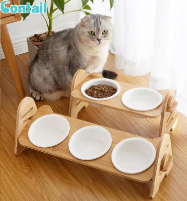 China Wholesale Viable Size Ceramic Adjustable Bamboo Stand Bowl Pet Food Factory Cat Food Bowl Rise 3 Single Cat Bowl Set for sale