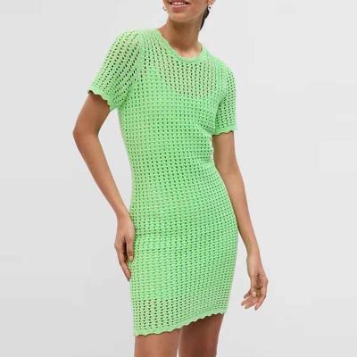 China Soft knit striped crochet mini dress. 2023 Summer New Arrival Custom Cotton Knitted Fashion Girl Crewneck Short Sleeves Scalloped Maxi Mini Dress Women Green for sale