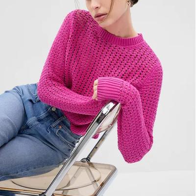 China Machine Wash Custom 2024 Brand Hollow Out Trend Designer 100% Cotton Knit Women Casual Slim Basic Tops Pullover Crewneck Sweater for sale