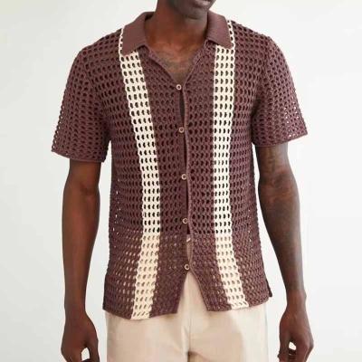 China Custom Anti-wrinkle Knitwear Manufacturers Moq Summer Low Hollow Out Designer Knitted Short Sleeve Lapel Mens Cardigan Sweater for sale