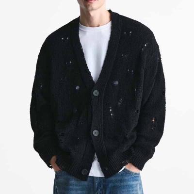 China 2023 Autumn Hollow Out Knitted Torn cardigan men cotton sleeve knitwear Anti-wrinkle 2023 men's long sleeve sweater custom black for sale