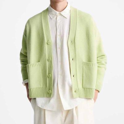 China High quality custom made hot sale Anti-wrinkle pocket acrylic fiber sweater double knitted cardigan for men long sleeved v-neck knit cardigan for sale