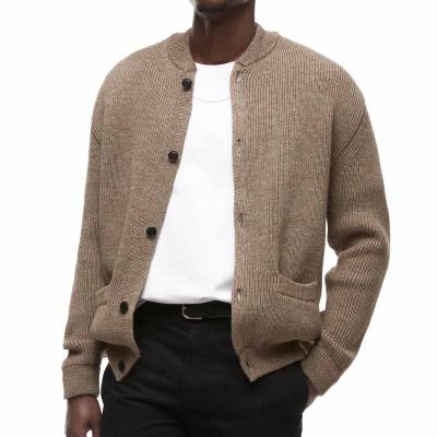 China Factory Custom Sweater Men Round Neck Anti-Wrinkle Knitwear Brand Agent Long Sleeves Hip Welt Pockets Button-Up Wool Blend Bomber Cardigan for sale