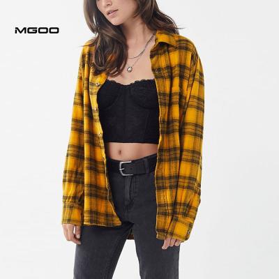 China Women Vintage MGOO Anti-pilling Yellow Flannel Shirt Custom Design Embroidery Button Plaid Shirt for sale