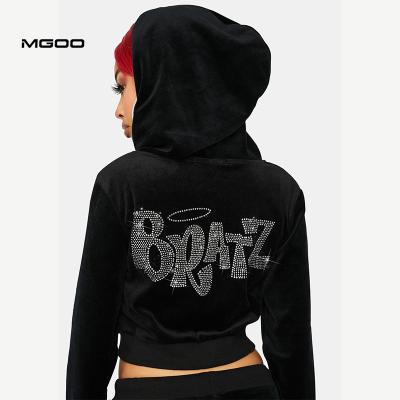 China Anti-Wrinkle Rhinestone Zipper Cropped Wholesale Custom Women Fitness Tops Zipper Up Cropped Apparel Velvet Solid Color Black Hoodie for sale