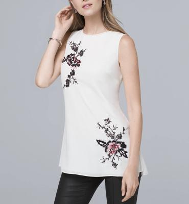 China Black And Pink Floral-Embellished Chinese Style Anti-pilling Blouses Sleeveless Side Vents Women Tops for sale