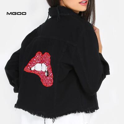 China MGOO Viable Women Custom Sequin Lips Back Distressed Black Denim Jacket for sale