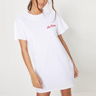 China Anti-pilling Salon Wear T-shirt Dress White Cotton Fitted Long T-shirts Custom Embroidered Logo Dress for sale