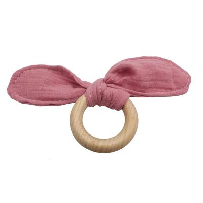 China Soft Comfortable Toy Cotton Fabric Wooden Cozy Bunny Ear Shape Baby Teether Ring for sale