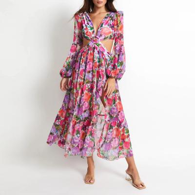 China Breathable Summer Fashion Breath Long Sleeves V-Neck High Split Floral Dress Summer Dresses Casual Women for sale