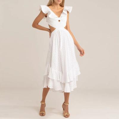 China Breathable White Ruffle V Neck Hollow Out Long Midi Layers Dress Dresses Women Ladies Summer Casual for sale