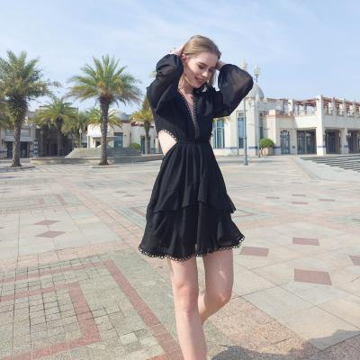 China Wholesale Anti-Static Solid Solid Deep V-Neck Women's Casual Summer Dress Summer Hollow Out Black Mini Dresses for sale