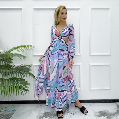 China Wholesale Deep V-Neck Long Sleeve Hollow Out Anti-Static High Split Summer Midi Dress for sale