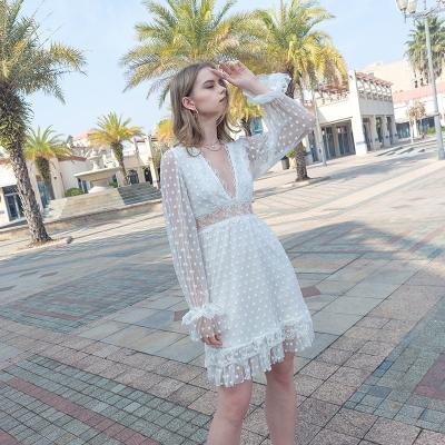 China Women Breathable White Summer Transparent V-Neck Lace Elegant Short Dress for sale