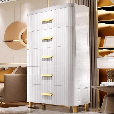 China Bathroom 70CM Antique White Gold-plated Handle Kids Clothes Plastic Drawer Cupboard Stripe Drawer Cabinet for sale