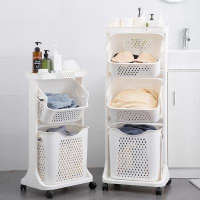 China Sustainable Modern Home New Design Laundry Trolley Double Layer Clothes Storage Plastic Laundry Basket with Shelf for sale