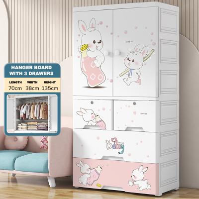 China Modern 4 Layer bear cartoon printing wardrobe bedroom Baby closet children's storage cabinet Two door open plastic furniture for sale