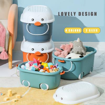 China Bathroom Detachable Babys Cartoon penguin storage box With Wheels PP Household kids toy clothes Plastic Cartoon Organiser Storage Box for sale