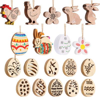 China Unfinished Egg Bunny Shape Cutouts DIY Craft Wooden Easter Ornaments with Holes Hang Tags with Strings for Easter Spring Craft Kit for sale