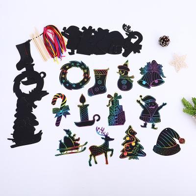 China Educational Christmas Rainbow Toy Ornaments Hanging Scratch Marks Open Kit Assorted Paper Christmas Cutouts with Ribbon for Kids for sale