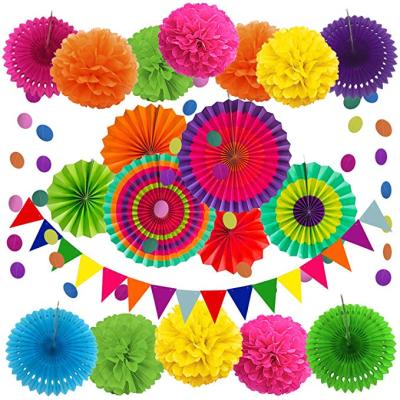 China Colorful decoration fans and hanging paper pom pom flowers set for wedding decoration, baby showers for sale