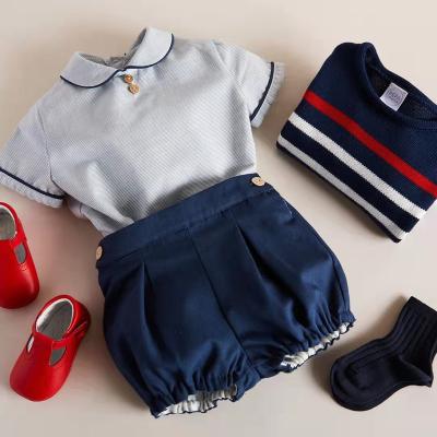 China ENGLAND STYLE 2022 Baby Boy Boutique Clothes Kids Outfits Summer Spanish Toddler Set Boy Striped Shirt Peter Pan Collar Navy Shorts Pant for sale