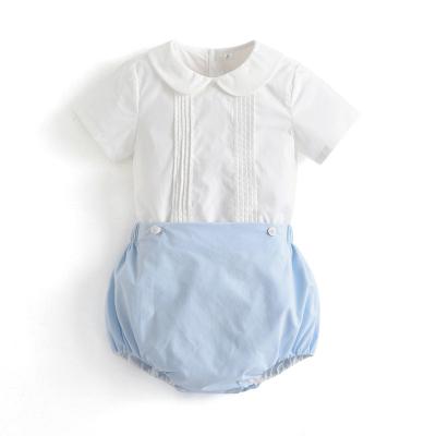 China ENGLAND NAME 2022 Spanish Kids Clothing Set Baby Boy Summer Cotton Outfits White Shirts Sky Blue Bloomers Shorts Peter Pan Collar Clothes for sale