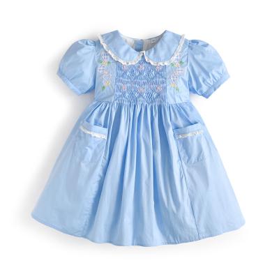 China Breathable Girls Smocked Dresses Kids Boutique Hand Made Blue Embroidery Smock Dress With Lace Girl's Birthday Eid Party Clothes for sale