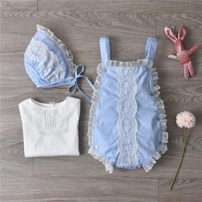 China ENGLAND STYLE Spanish 3pcs Baby Clothes Boutique Girls Summer Cotton Infant Blouse and Pants Toddler Baptism Birthday Strappy Clothing for sale