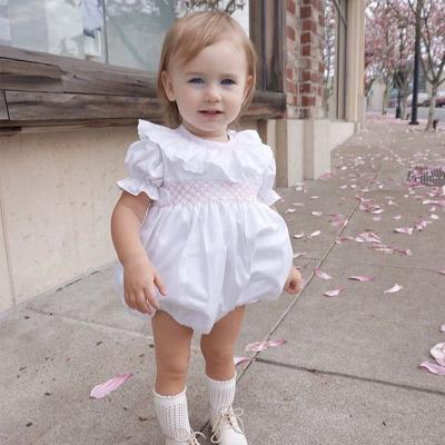 China Organic White Infant Girls Rompers 100% Cotton Smocked Baby Overalls Handmade Boutique Kids Shirt Clothes Customized Clothing for sale