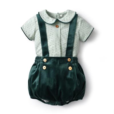 China Casual Kids Boutique Clothes Boys Outfits Spanish Toddler Christmas Green Suits Short Sleeve Dot Shirts Velor Shorts for sale