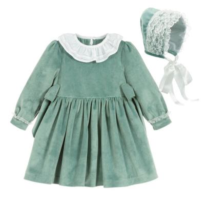 China Breathable Girls Spanish Princess Dress Children Spain Dresses Baby Dress 1-5 Y Long Cap Cotton Sleeve Green Velvet Dress For Spring for sale