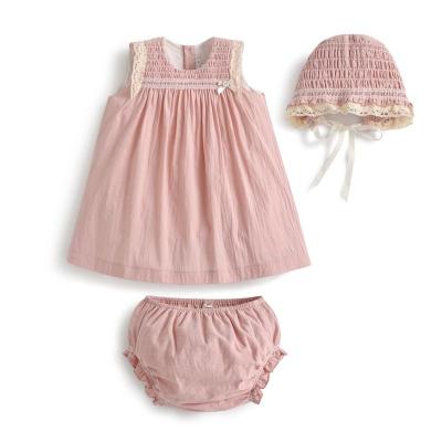 China Breathable 3PCS Baby Dress Girls Smocked Spanish Cotton Dresses With Hat Pant Toddler Summer Smoking Clothes Set In Stock for sale