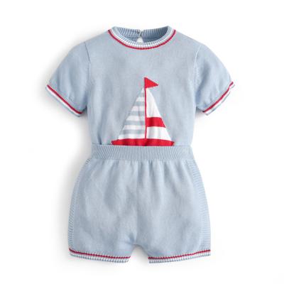 China ENGLAND STYLE 2021 New Summer Knitwear Suit Baby Toddler Boys Knitted Cotton Clothes Sailboat Embroidery Shorts Set Sleeve Tops and Knit Shorts for sale