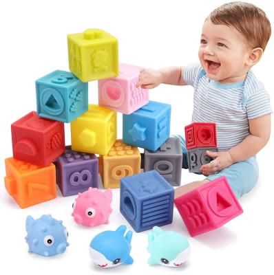 China Sensory Toy Cube Shape Stacker Diy Toy 10 Pcs Infants Toddler Montessori Ball Bath Teether Toys Infant Squeeze To Play Block Toys for sale