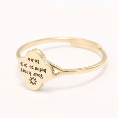 China Environmental Friendly Unique Design Letters Ring Jewelry Women Gold Plated Stainless Steel Open Ring for sale