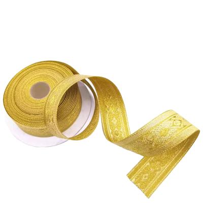 China Viable Wholesale Factory Making Custom Ribbon Jacquard Gold Glitter Woven Decorative Ribbon For Gift for sale